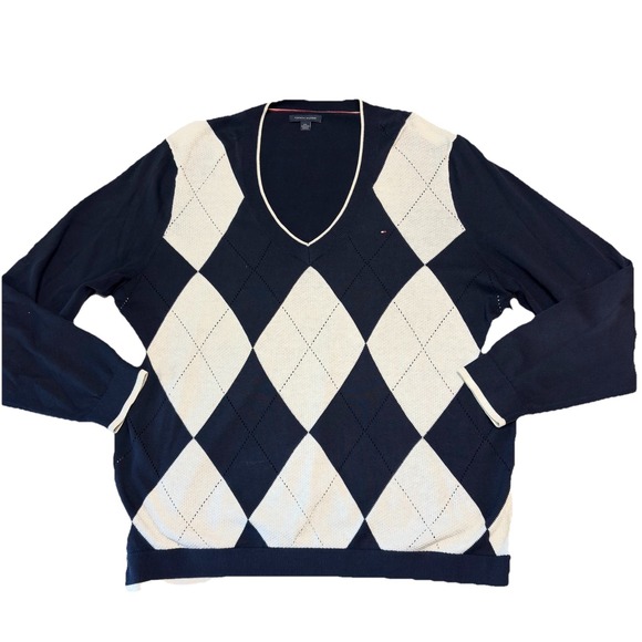 Tommy Hilfiger Argyle Sweater Women's XXL Long Sleeve Jumper Designer V Neck Y2K - Picture 1 of 8